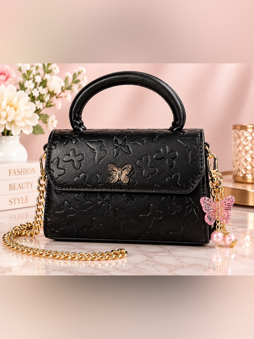 Black Butterfly-Embossed Top Handle Bag with Gold Accent